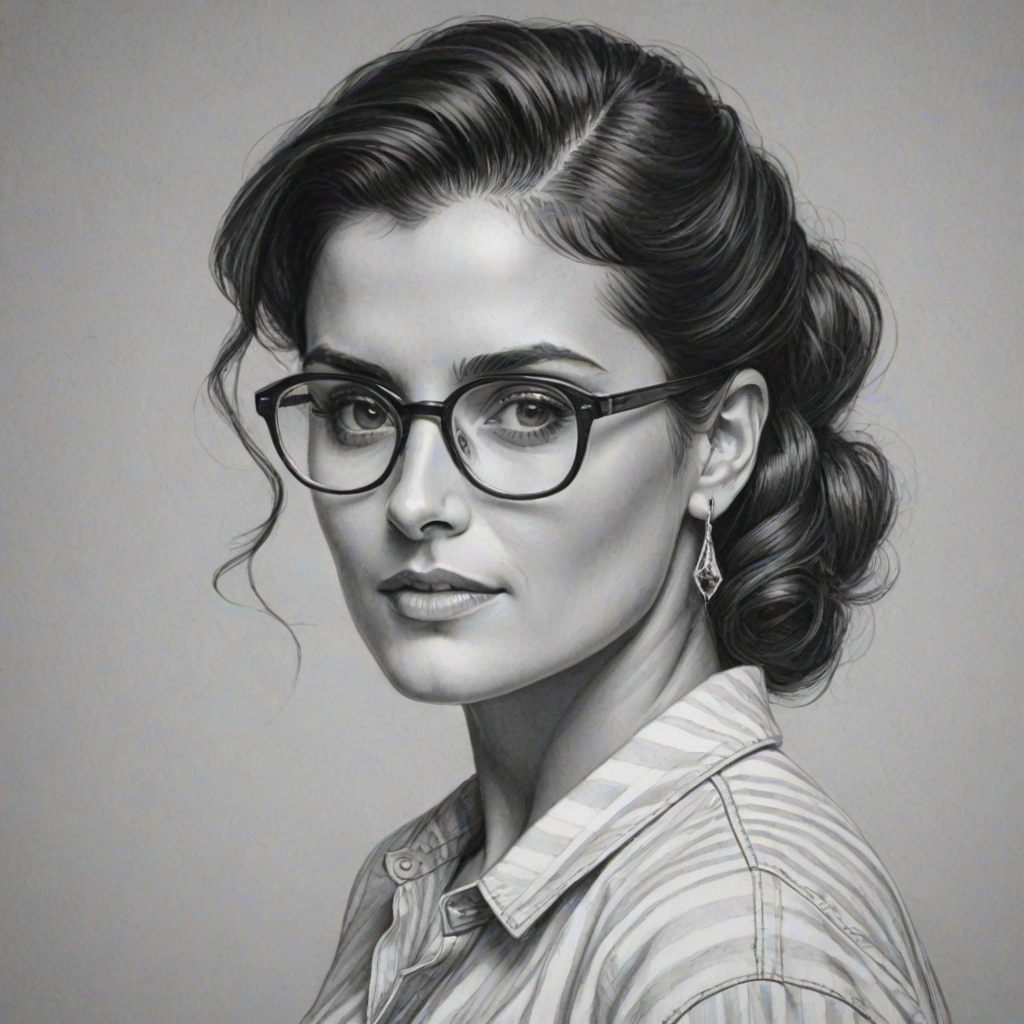 Fetching Nelly Furtado, pencil sketch, portrait of Wonderful woman 1944s in glasses, hair style beatnik, outline, clear lines, fine lines, 8k