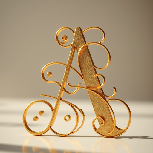 Create a high-resolution image of an elegant gold letter "A" with intricate swirls and curves, captured with a Canon EOS R5, using a 50mm lens at f/1.8, in soft natural light, with a shallow depth of field for a stunning bokeh effect.