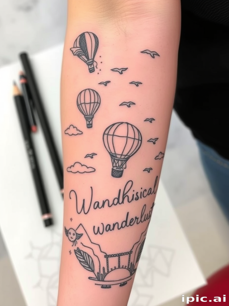 Sketch-style tattoo titled "Whimsical Wanderlust" depicting a fantastical landscape with flying hot air balloons, soaring birds, and flowing script, characterized by its loose, hand-drawn appearance and dreamy atmosphere