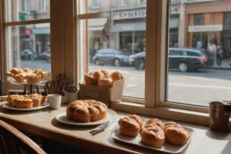 Cafe filled with the aroma of freshly baked pastries, with people enjoying breakfast, sunlight streaming through the windows, and the soft hum of conversation.