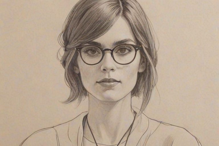 Comely Caitlin Stasey, pencil sketch, portrait of Splendid woman 1924s in glasses, hair style beatnik, outline, clear lines, fine lines, 8k