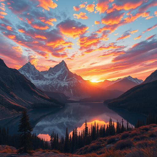 Create a detailed and vibrant illustration of a majestic mountain landscape during sunrise, capturing the colorful sky and the reflection on a serene lake in the foreground, shot with a Canon EOS R5, 24mm lens, f/8 aperture, ISO 100, and a wide-angle perspective for enhanced depth.