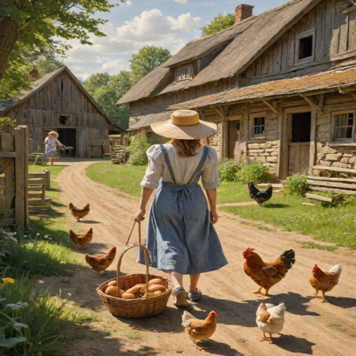 Charming rural farmyard, chickens pecking at the ground, a woman carries a basket of fresh eggs, her straw hat shielding her from the sun as she makes her way toward a barn.