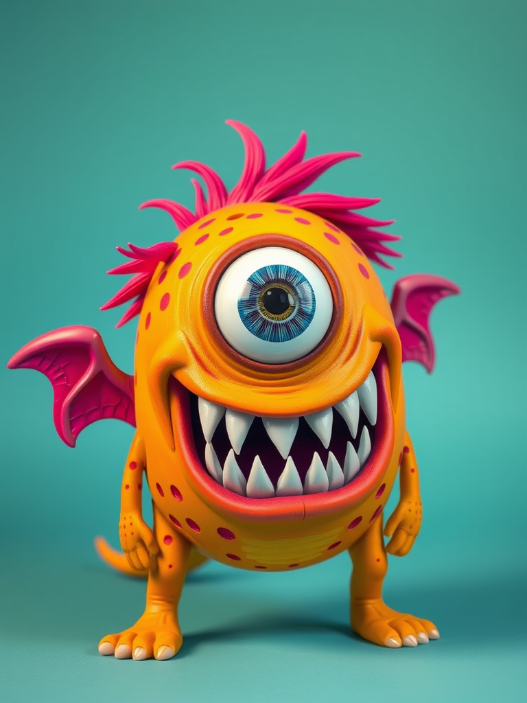 Create a vibrant cartoon-style monster with one large eye, pink wings, and a wide mouth filled with sharp teeth, using a Canon EOS R5 camera with a 50mm lens, aperture f/2.8, ISO 100, and soft lighting to enhance color and detail.