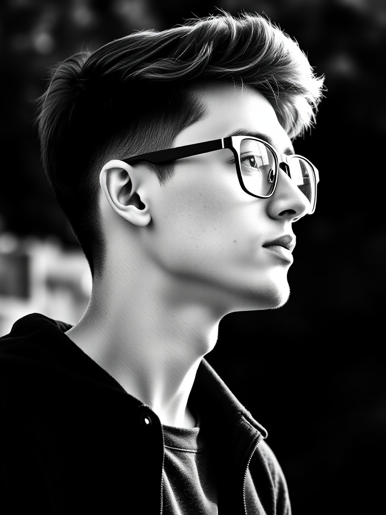 Create a high-contrast black and white vector illustration of a young man in profile wearing glasses, shot with a Canon EOS 5D Mark IV, f/8 aperture, ISO 100, at 50mm focal length, natural light, smooth lines and sharp details.