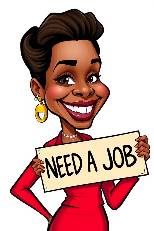 caricature of a smiling Halle Berry in a Scarlet dress or suit, holding up a sign that says "NEED A JOB", no watermark,