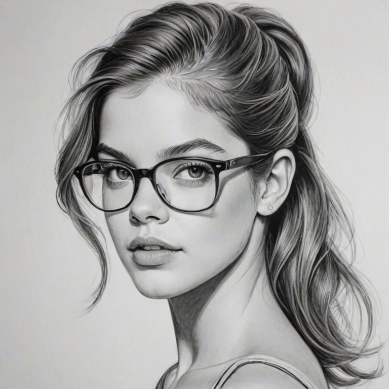 Comely Barbara Palvin, pencil sketch, portrait of Elegant woman 1967s in glasses, hair style beatnik, outline, clear lines, fine lines, 8k
