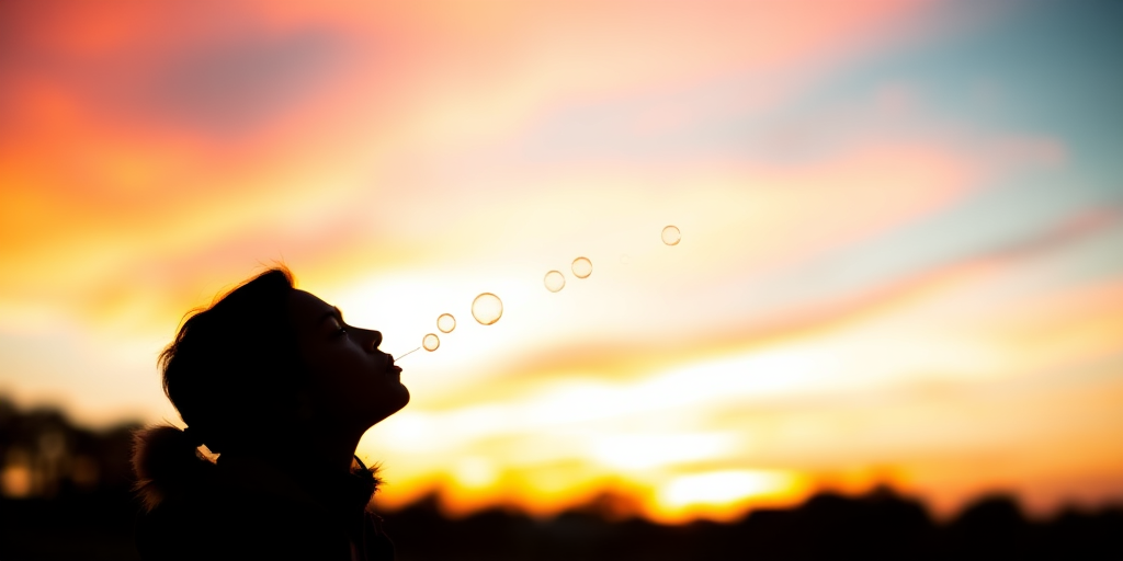 silhouette of a person blowing bubbles against a colorful sunset sky with soft focus, aperture f/2.8, shutter speed 1/200s, ISO 100, 50mm lens, DSLR camera, golden hour lighting