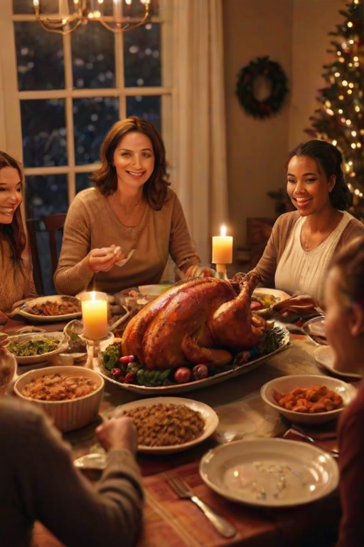 Warmly lit image of a family gathered around a dinner table for a holiday meal, soft glow from candles illuminating their faces, the smell of roasted turkey and sweet potatoes filling the air.