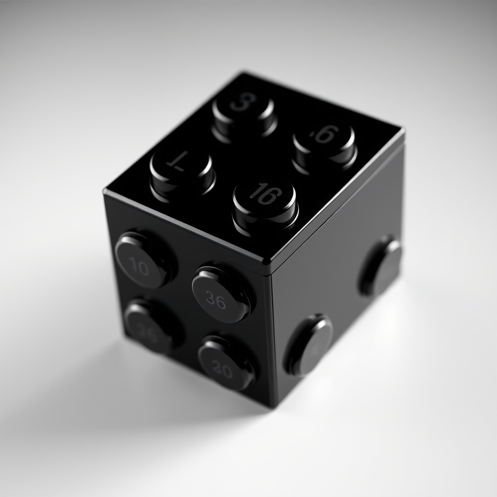 Create a 3D rendered image of a single black and white Lego brick, focused on a top-down view, with lighting emphasizing its glossy surface, using a DSLR camera at f/8, ISO 100, 50mm lens, high resolution.