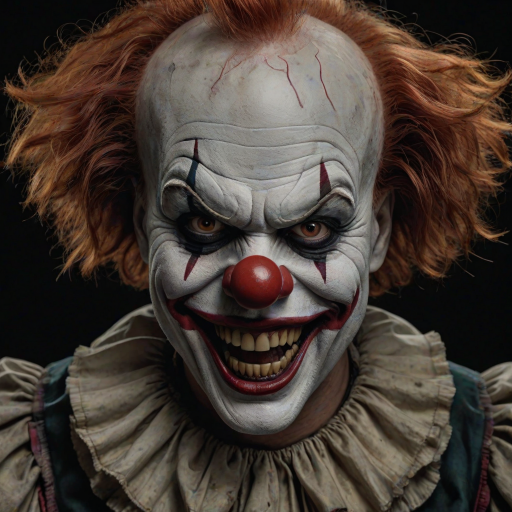 Create a hyper-realistic, dark, and eerie clown with a sinister smile, set against a black background. The clown should have exaggerated makeup with sharp, contrasting colors to enhance its menacing appearance. The overall atmosphere should be unsettling and intense, capturing a sense of horror and suspense