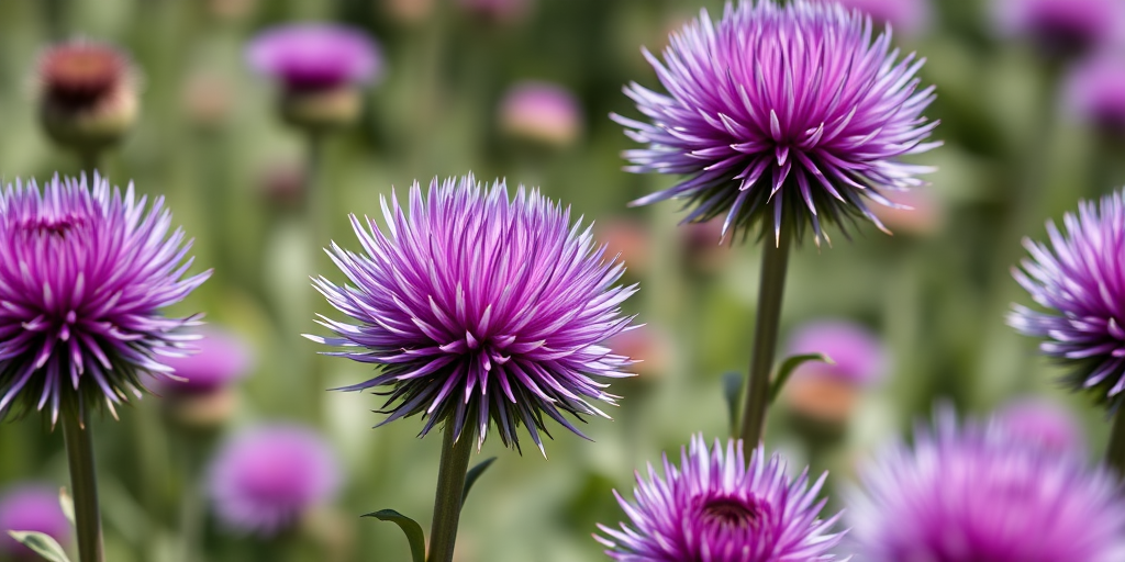 Close-up shot of purple globe thistles in a garden, aperture f/2.8, shutter speed 1/500s, ISO 200, 50mm lens, natural light, shallow depth of field, DSLR camera.