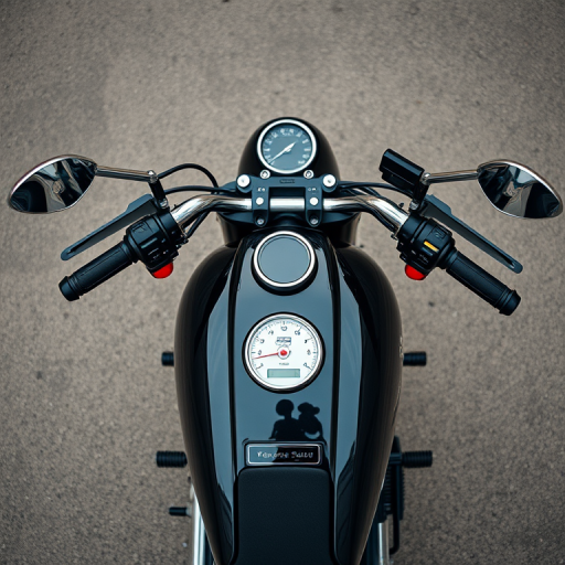 Regenerate the image of a Honda CB 350 motorcycle, top-down view, with a DSLR camera set to 50mm lens, aperture f/2.8, ISO 100, and a shallow depth of field for enhanced image quality.