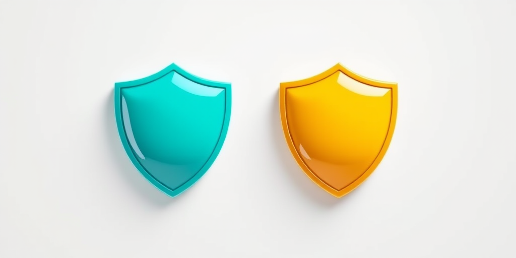Create an image of two glossy, shield-shaped icons side by side, one in a vibrant turquoise color and the other in a bright yellow, with a soft gradient background, taken with a DSLR camera at f/8 aperture, ISO 100, 50mm lens, using natural light for enhanced clarity and vibrancy.