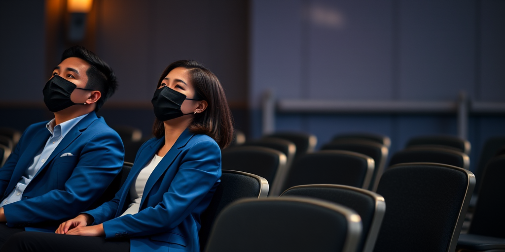 Generate an image of four individuals wearing blue blazers and black masks, sitting back in chairs with relaxed expressions, captured in low light with a shallow depth of field, using a full-frame DSLR camera at ISO 800, aperture f/2.8, shutter speed 1/60s, with a slight tilt for a dynamic view.