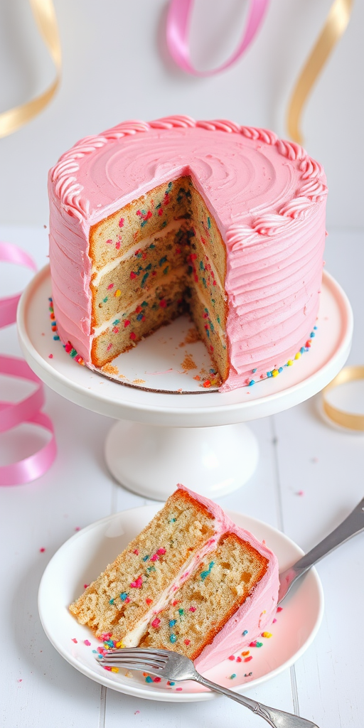 A beautifully decorated cake on a white cake stand with a slice cut out revealing colorful sprinkles inside the cake topped with pink frosting and a plate with a slice of the cake beside it garnished with colorful sprinkles and a fork on the plate with ribbons in the background.