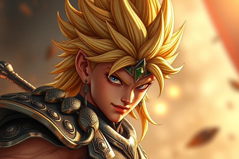 Create a highly detailed illustration of a character resembling a golden warrior with spiky hair, in a dynamic pose, captured using a DSLR camera at 50mm focal length, f/1.8 aperture, ISO 100, in bright studio lighting, with a shallow depth of field to enhance background blur.