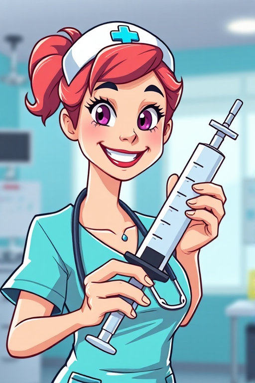 create a cartoon-style image of a nurse holding a large syringe with a friendly expression, vibrant colors, high contrast lighting, 50mm lens, f/2.8 aperture, soft focus background, bright daylight, vector art style