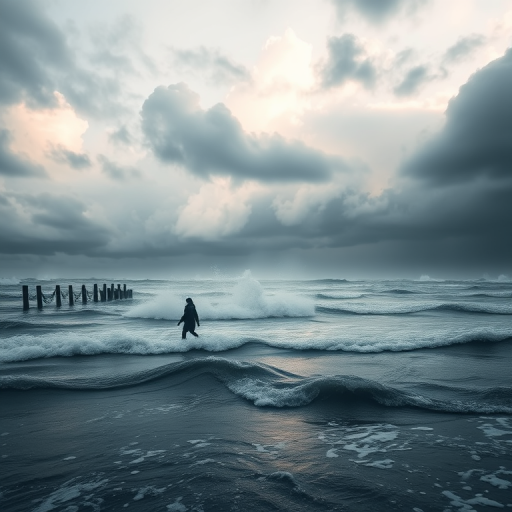 Create a serene image of a figure walking on stormy waters under dramatic clouds, capturing an ethereal quality with soft lighting, using a Canon EOS R5 with a 24-70mm f/2.8 lens, aperture set to f/4, shutter speed 1/250s, and ISO 100 for high detail and clarity.