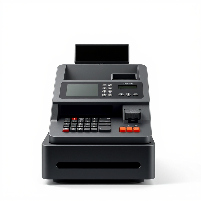 create a highly detailed vector illustration of a modern cash register with a sleek design, featuring a digital display and a scanner, front view, high resolution, using a Canon EOS R5 with a 24-70mm lens at f/4, ISO 100, 1/125s, soft lighting for enhanced clarity and depth