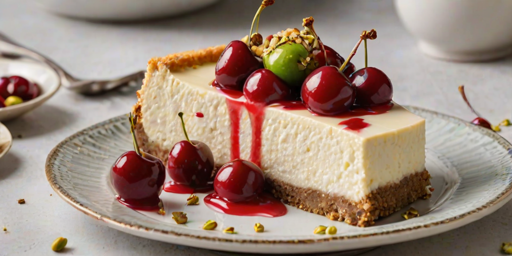 Create an image of a slice of cheesecake topped with fresh cherries, whipped cream, and crushed pistachios on a decorative plate. The cheesecake has a creamy texture and a crumbly crust, with a vibrant presentation featuring additional cherries and a drizzle of fruit sauce.