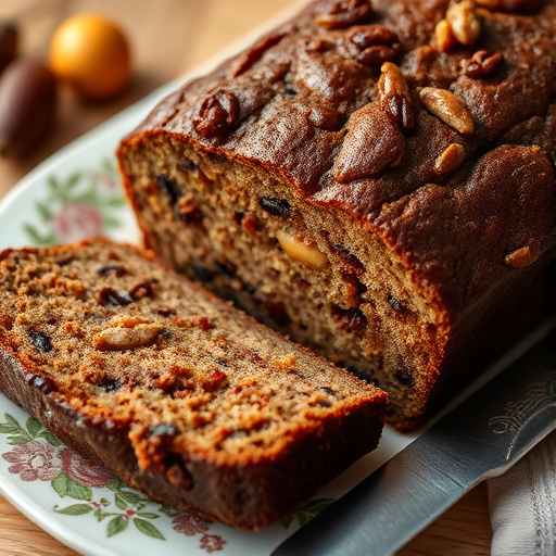 A close-up of a rustic fruitcake sliced into pieces resting on a decorative plate with a silver knife beside it showcasing rich brown tones and a texture filled with dried fruits and nuts. The background is softly blurred to emphasize the cake.
