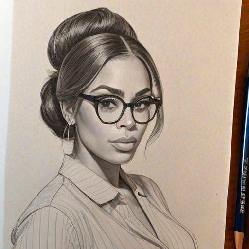 Graceful Lauren London, pencil sketch, portrait of Magnificent woman 1965s in glasses, hair style beatnik, outline, clear lines, fine lines, 8k