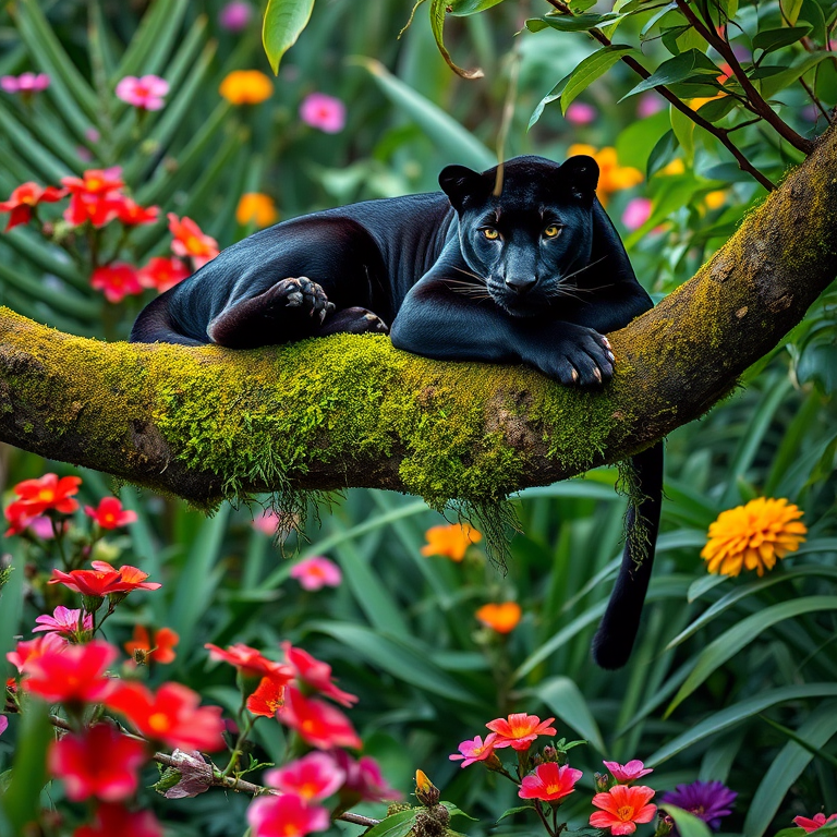 Regenerate an image of a black panther lounging on a moss-covered branch in a vibrant jungle filled with colorful flowers and lush green foliage, captured with a Canon EOS R5, 50mm lens, f/1.8 aperture, ISO 200, 1/100s shutter speed, natural light, with a shallow depth of field to enhance detail and focus on the panther.