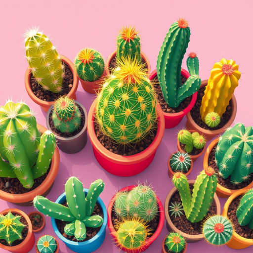 Create a vibrant illustration of various cacti in different pots, featuring a range of shapes and sizes, high resolution, use an 85mm lens, f/2.8 aperture, 1/250s shutter speed, and capture from an overhead angle with a bright, natural light style.