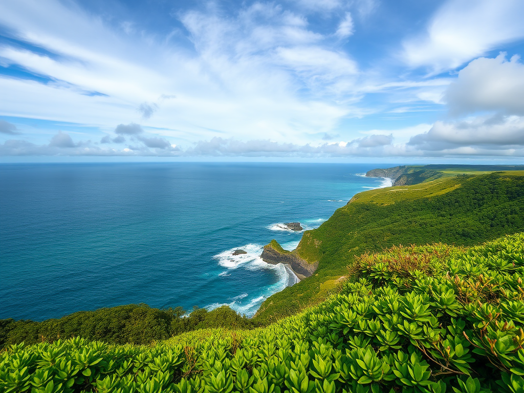 scenic coastal landscape with lush greenery meeting the ocean under a partly cloudy sky, captured with a DSLR camera at 50mm, f/8 aperture, ISO 200, 1/250 shutter speed, wide-angle view to enhance depth and clarity