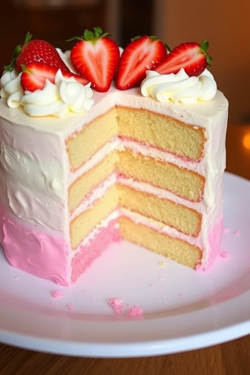 A delicious layered cake with pink and yellow sponge cake, topped with whipped cream and fresh strawberries, with crumbs scattered around on a white plate. The cake has a slice taken out, revealing its layers inside, and there is a warm light in the background.