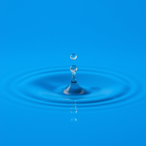 Create a high-resolution image of a water droplet falling into a calm blue surface, capturing the moment of impact with ripples, using a macro lens, f/2.8 aperture, 1/1000 sec shutter speed, and ISO 100, in a top-down view with soft lighting to enhance reflections and details.