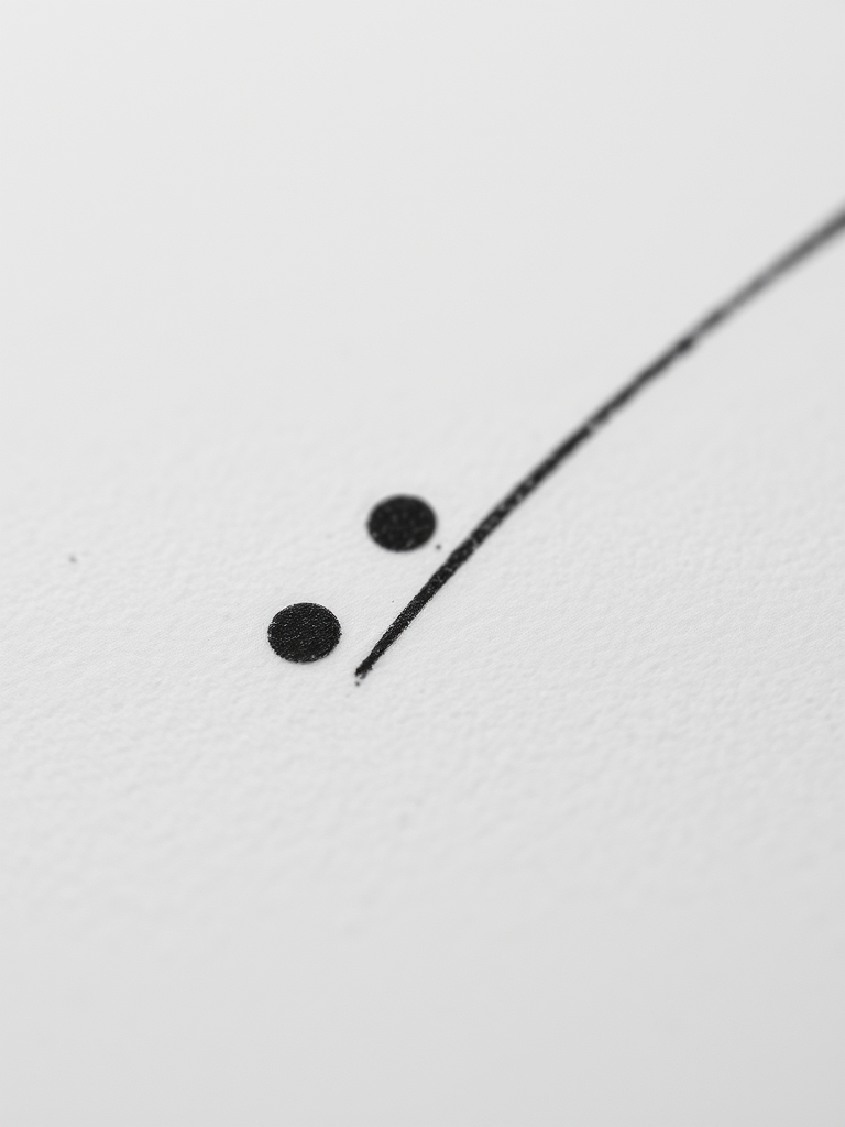 A close-up view of a minimalistic black and white drawing of two small dots and a line, captured with a DSLR camera at f/2.8, ISO 100, 50mm lens, natural lighting, and a soft focus for enhanced texture.