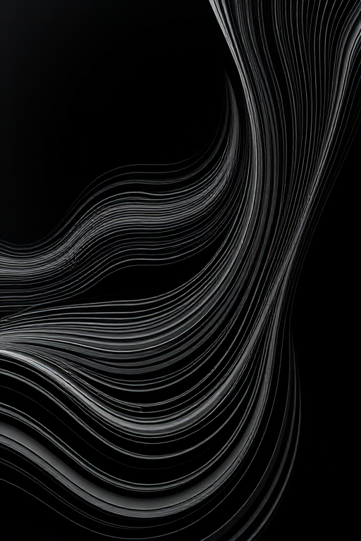 Create a high-contrast black and white abstract image featuring flowing wavy lines, captured with a Canon EOS R5 at f/8, ISO 100, 1/125s, using a wide-angle lens with a top-down view for a dynamic perspective.