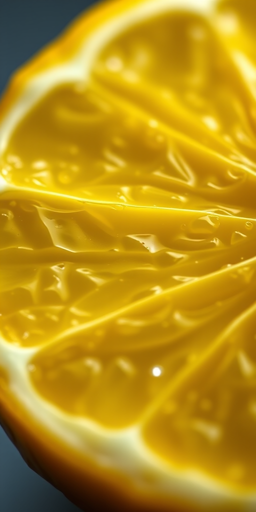 Create a high-resolution close-up of a fresh lemon slice, capturing vibrant yellow colors and textured details, using a DSLR camera with a 50mm lens, aperture at f/2.8, ISO 100, natural light, and shallow depth of field to enhance clarity and focus on the lemon.