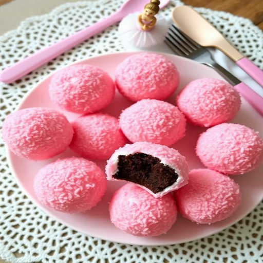 A plate of pink coconut-covered desserts shaped like balls with a bite taken out revealing a dark chocolate center next to a small ballerina figurine and pastel-colored utensils on a lace doily.