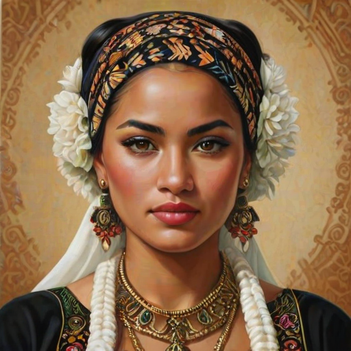 Create a portrait of a beautiful Tongan woman with striking black eyes and a gentle expression. She is adorned in traditional attire with intricate patterns, including a richly embroidered headscarf and matching garments. Her jewelry includes a delicate headpiece, dangling earrings, and ornate bracelets, all featuring vibrant gemstones and detailed metalwork. The background is soft and warm, enhancing the rich colors of her outfit and jewelry.
