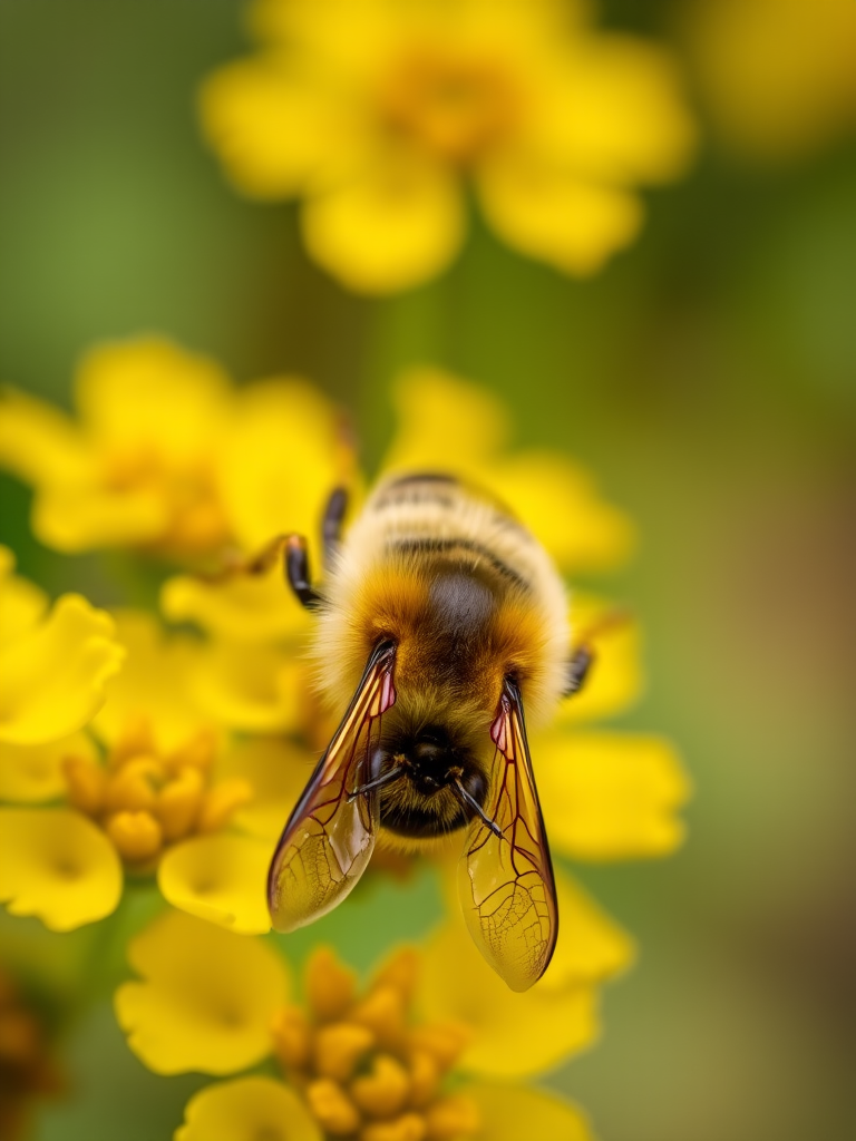 Close-up of a bee on yellow flowers, shallow depth of field, f/2.8 aperture, 100mm macro lens, ISO 200, soft natural lighting, shot at eye level with a DSLR camera.