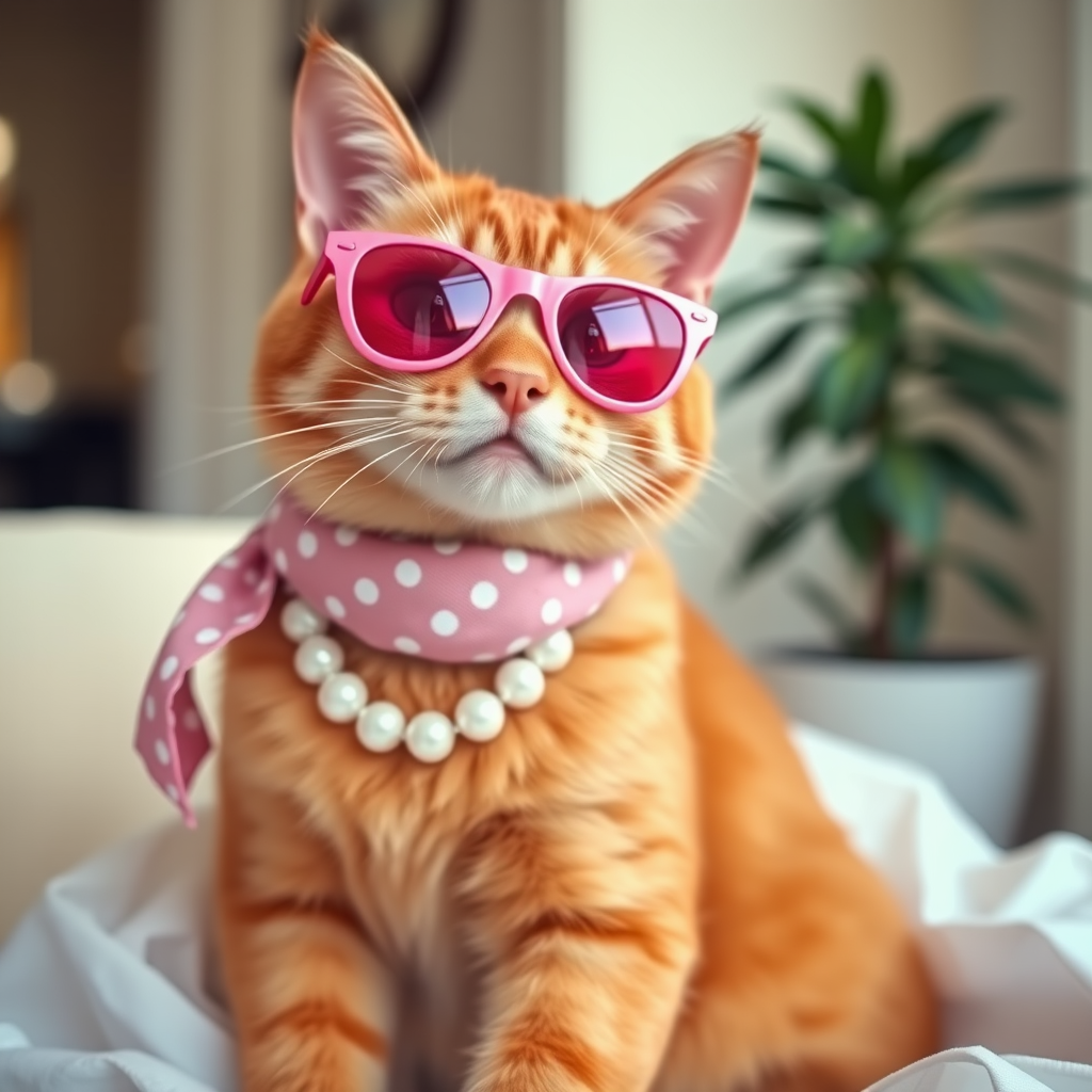 A stylish orange cat wearing pink sunglasses and a polka dot scarf, adorned with a pearl necklace, sitting gracefully in a white dress, with a softly lit room and a plant in the background.