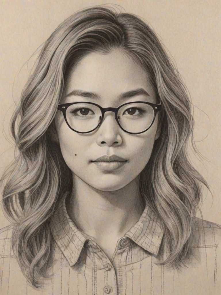 Fascinating Chloe Kim, pencil sketch, portrait of Lovely woman 1956s in glasses, hair style beatnik, outline, clear lines, fine lines, 8k