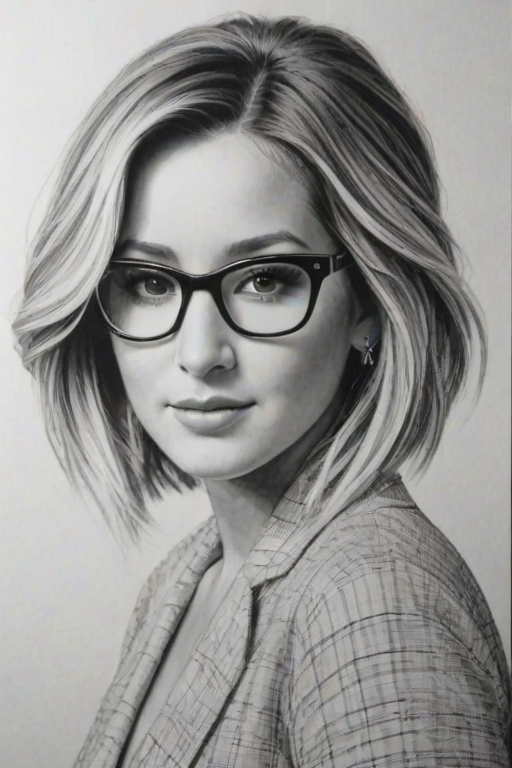 Delightful Ashley Tisdale, pencil sketch, portrait of Dazzling woman 1955s in glasses, hair style beatnik, outline, clear lines, fine lines, 8k