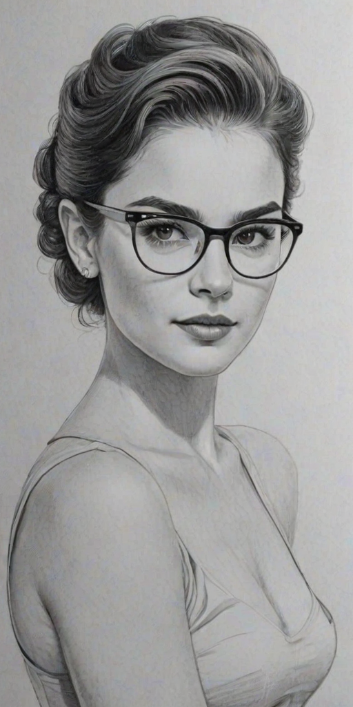 Captivating Brianna Hildebrand, pencil sketch, portrait of Elegant woman 1947s in glasses, hair style beatnik, outline, clear lines, fine lines, 8k