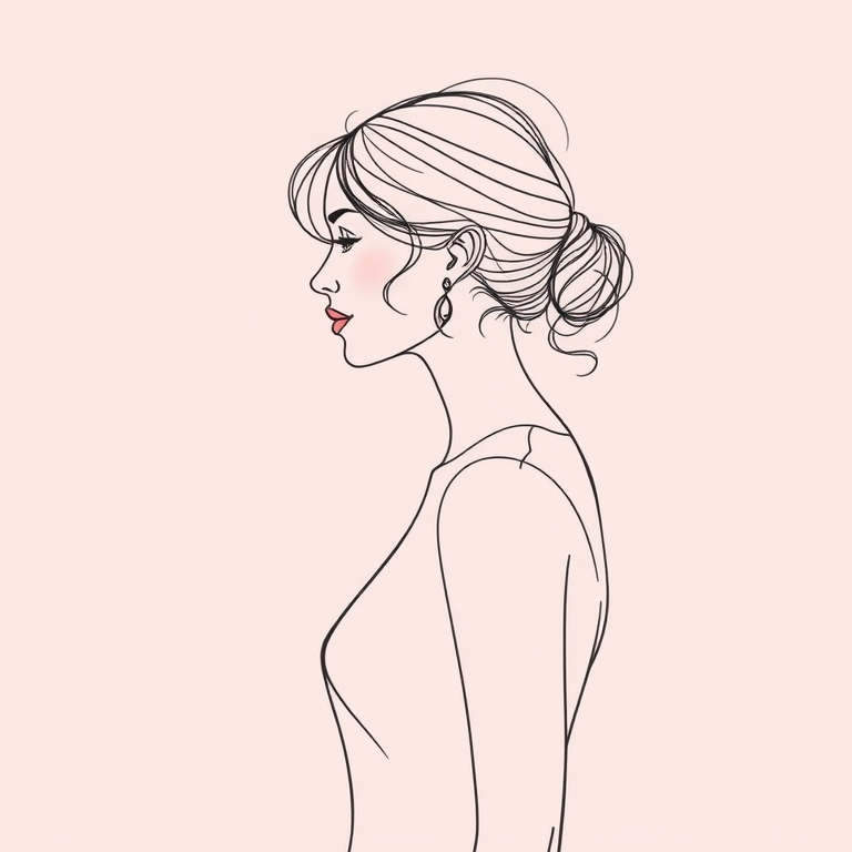 Create a minimalistic line drawing of a female figure in profile with abstract shapes in earthy tones, using a soft pastel background, captured with a Nikon D850 camera, 50mm lens, f/1.8 aperture, ISO 100, natural light, shallow depth of field.