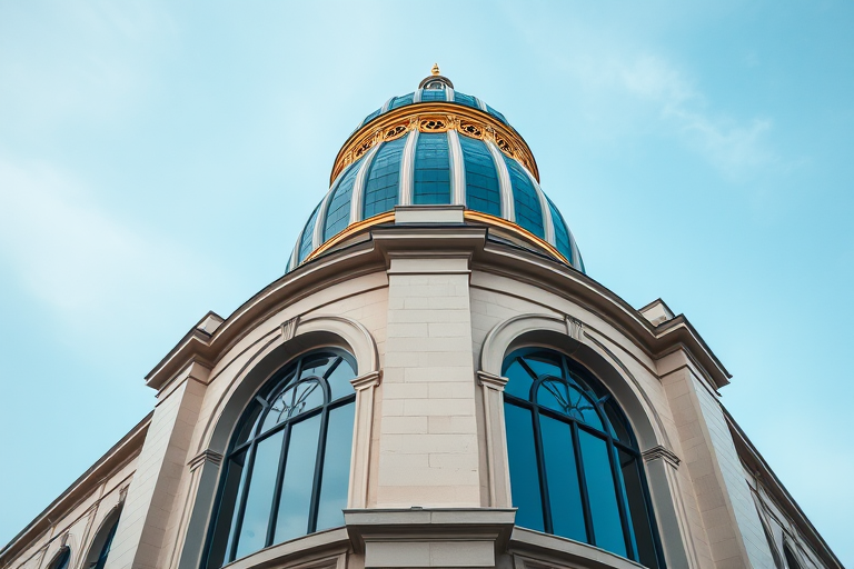 Create a high-resolution image of a tall modern building with a blue dome, featuring large arched windows and gold trim, using a DSLR camera with a 50mm lens, f/1.8 aperture, ISO 100, shot from a low angle perspective to enhance the architectural details.