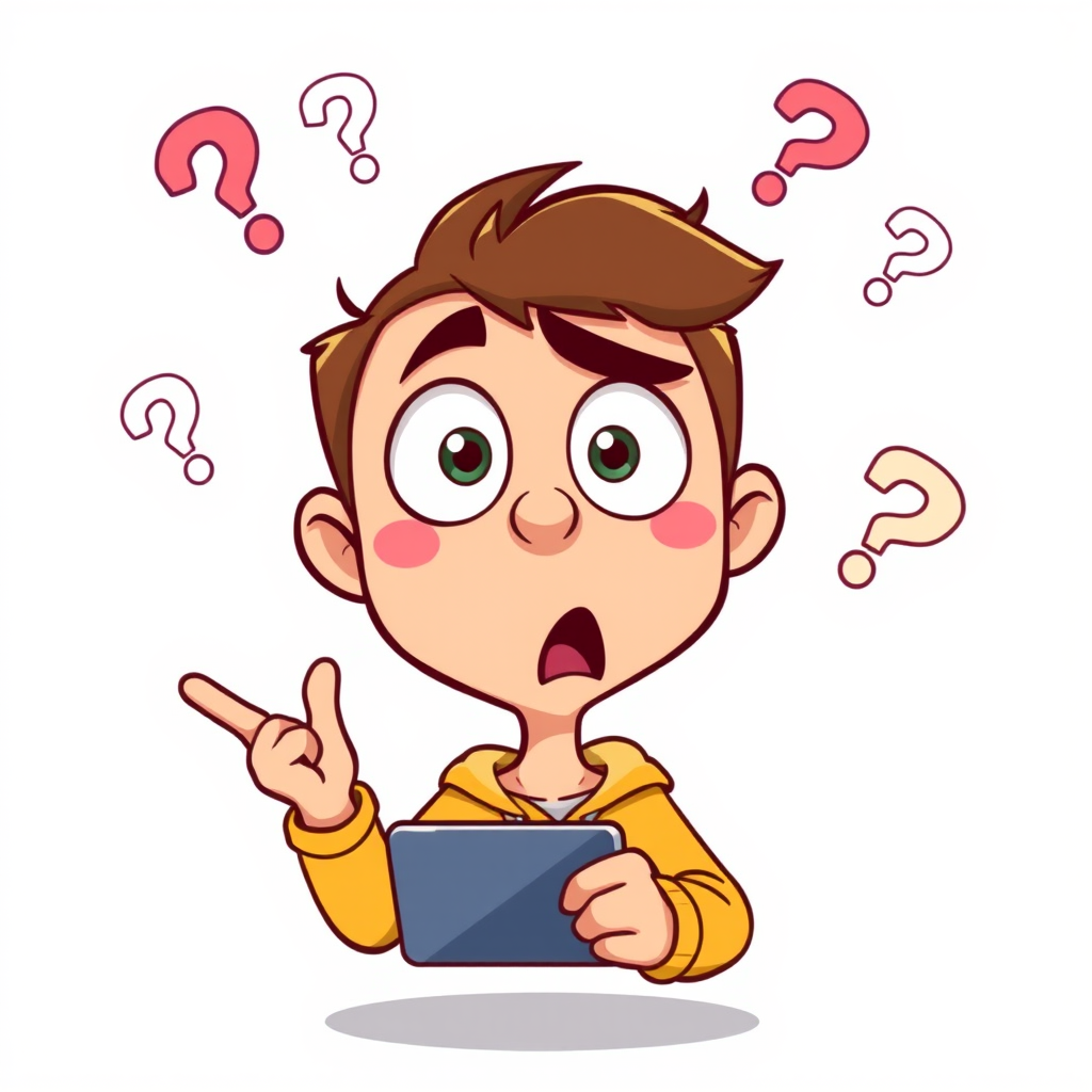 Create an image of a surprised cartoon character with wide eyes and a raised eyebrow, surrounded by floating question marks and exclamation points, holding a smartphone, in a high-resolution vector style, using a Canon EOS 90D with a 50mm f/1.8 lens, aperture set to f/2.8, ISO 100, and a slight vignette for emphasis.