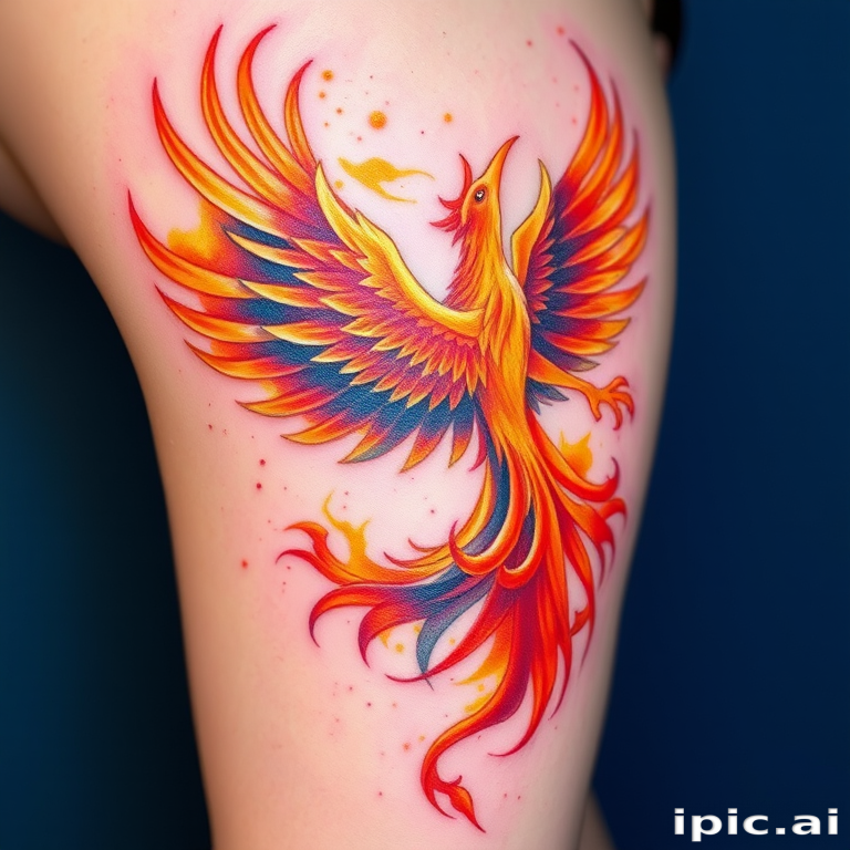 Vibrant watercolor tattoo of a soaring phoenix rising from ashes, bursting with hues of orange, red, and gold, creating a stunning contrast against blue-tinted skin, showcasing fluid brushstrokes and ethereal blending techniques