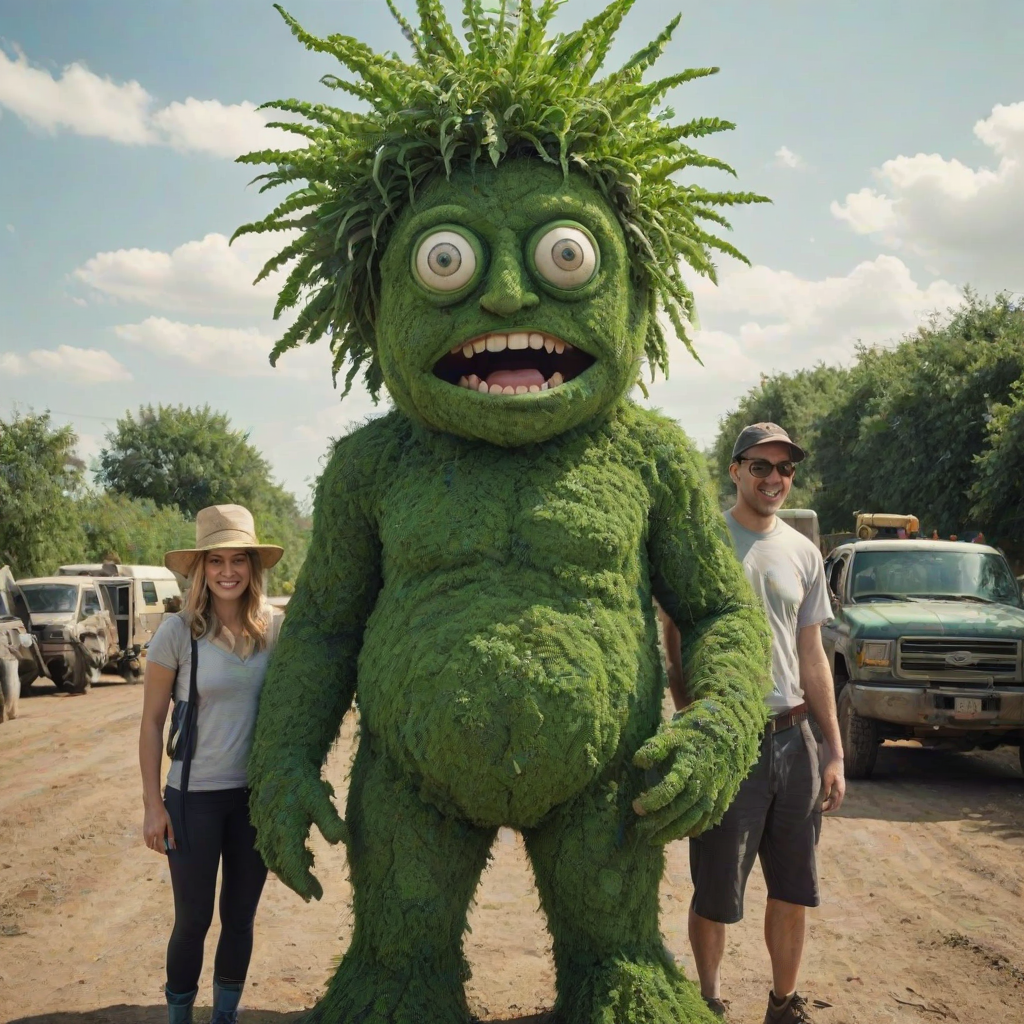 professional high-resolution photograph of 1giant green Cyclops with 2 eyes person made of plants,1woman, smile, 1man, hat, outdoors, multiple men, sky, day, 2men, grin, colored skin, traditional media, parody, ground vehicle, motor vehicle, car, green skin, truck, humongous giant green man standing in background, humongous green plant Cyclops person with 2 eyes
