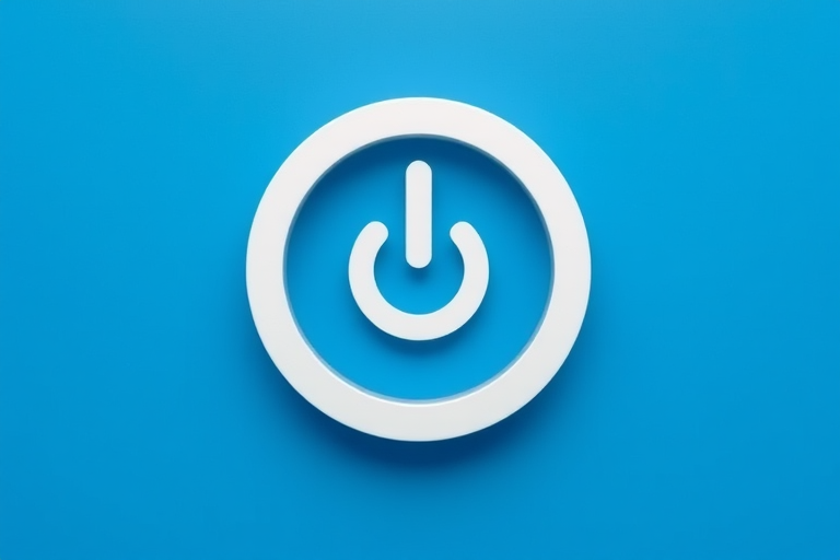 Create a high-resolution icon of a power button symbol in a circular blue background, camera settings: ISO 100, aperture f/8, shutter speed 1/250s, camera view: top-down, camera style: flat lay, camera type: digital DSLR.