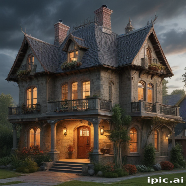 A Charming Victorian-Style House Surrounded by Lush Greenery and Soft ...