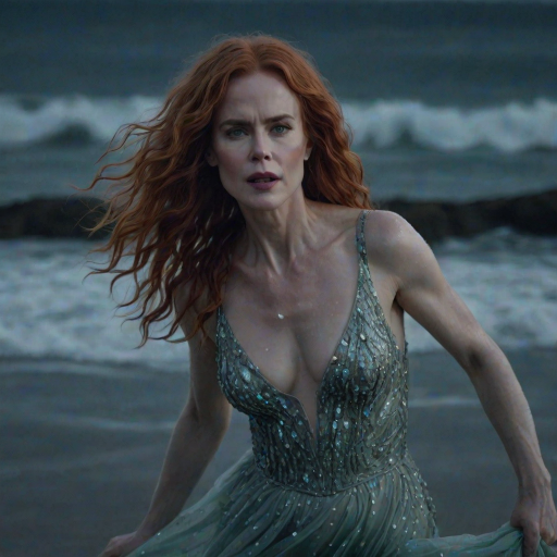 Bewitching image of Nicole Kidman, Big Little Lies star, with her porcelain skin and cascading red curls, emerging from misty waves in a sheer, iridescent gown, on a moonlit beach dotted with bioluminescent algae